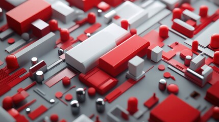 Poster - abstract geometric composition of red and white structures on a gray surface, showcasing modern desi