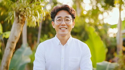 Canvas Print - Portrait of a smiling asian businessman wearing glasses and a white shirt in a tropical garden