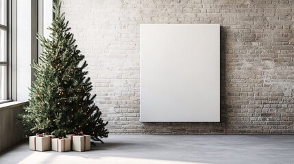 Aufkleber - Christmas tree standing next to a blank canvas mockup on a brick wall
