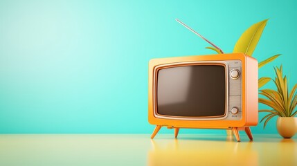 Aufkleber - Old vintage television set with a green plant in the foreground on a wooden table indoors