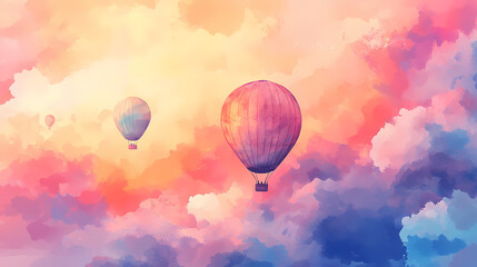 Wall Mural - Vibrant watercolor dreamscape of floating hot air balloons against sunset sky soft pastel clouds whimsical perspective ethereal atmosphere. Soft Pastel Dreamscape. Illustration