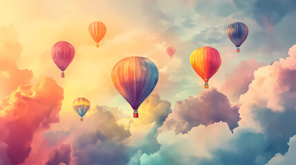 Wall Mural - Vibrant watercolor dreamscape of floating hot air balloons against sunset sky soft pastel clouds whimsical perspective ethereal atmosphere. Soft Pastel Dreamscape. Illustration