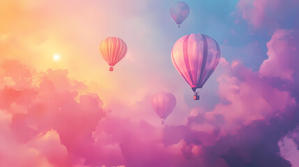 Wall Mural - Vibrant watercolor dreamscape of floating hot air balloons against sunset sky soft pastel clouds whimsical perspective ethereal atmosphere. Soft Pastel Dreamscape. Illustration