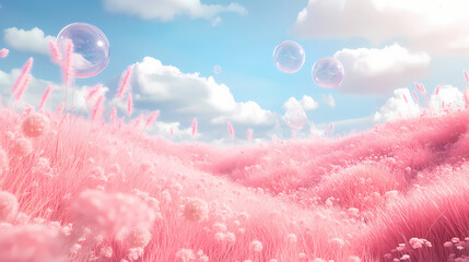Wall Mural - A magical pink grassland with soft pastel clouds and floating bubbles, creating a whimsical, surreal dreamscape in a tranquil setting. Soft Pastel Dreamscape. Illustration
