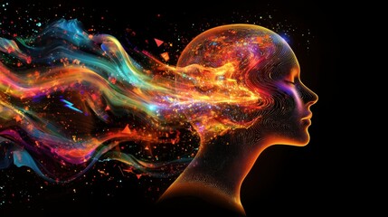 Poster - Visually represent the flow of data or light in the form of a human, Add digital patterns or flows around the human head to make it look like the AI is understanding human thoughts