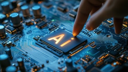 Poster - Human hand reaching to grab the letter Ai glower on a computer motherboard. Human taking artificial intelligence with their fingers.