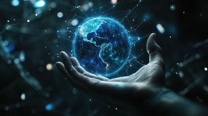 Poster - Hand reaching Earth hologram surrounded by network symbolizing connectivity and globalization in future