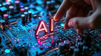 Poster - Human hand reaching to grab the letter Ai glower on a computer motherboard. Human taking artificial intelligence with their fingers.