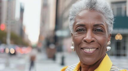 Sticker - Aged woman with short gray hair and glasses, smiling broadly at camera, standing outdoors on city street with traffic lights behind her.