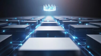 Poster - digital crown ascending over futuristic grid virtual environment 3d render technology bird’s eye vie