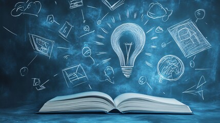 Aufkleber - Open book generating ideas with light bulb and chalkboard drawings