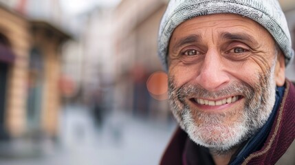 Sticker - The image features an older bearded man wearing a hat, smiling, standing in front of a building.