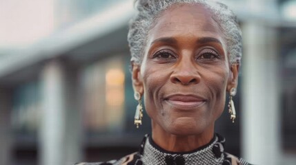 Sticker - This image shows a smiling older woman, wearing earrings and a patterned top.