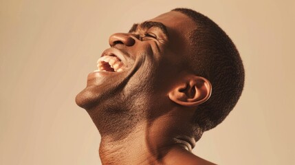 Sticker - The image captures a man, seen from his neck down, laughing heartily with his mouth wide open.