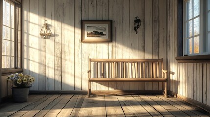 Poster - Empty wooden bench illuminated by sunlight in rustic room