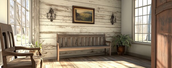 Wall Mural - Rustic style interior with wooden bench and chair  illuminated by sunlight