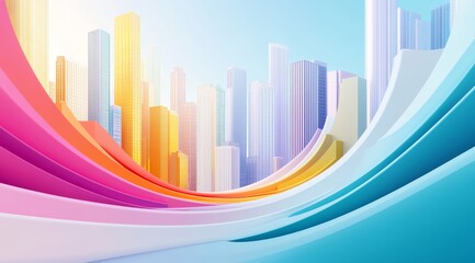 Poster - A vibrant city skyline filled with colorful abstract waves that illustrate the urban energy and modernity of the city