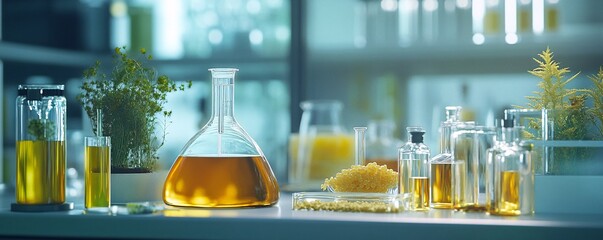 Aufkleber - Laboratory glassware containing organic oil developing sustainable and biologic products