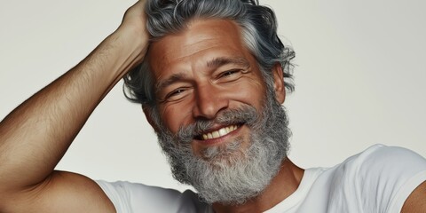 Wall Mural - A man with a beard and gray hair is smiling and posing for a picture. He has a white shirt on and his hair is in a ponytail