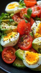 Wall Mural - Delicious avocado and tomato salad topped with hard-boiled eggs in a vibrant bowl perfect for a healthy meal