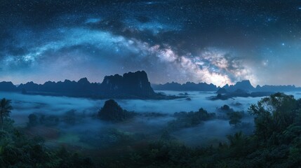Fog, milky way and nebula in Thailand outback. Beautiful milky way astrophotography background.