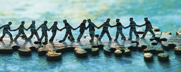 Poster - Paper chain people holding hands walking on puzzle pieces