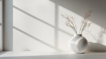 Poster - White vase with dried flowers on a sunny windowsill creating soft shadows in a minimalist interior setting. Generative AI