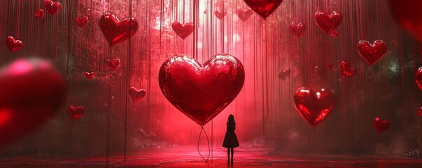 Poster - Young woman standing under giant red heart balloons valentine's day