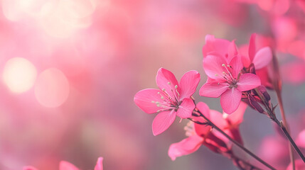 Wall Mural - Pink blossoms create a soft, dreamy effect, radiating warmth and beauty. Close-up emphasizes delicate floral details, inviting serene contemplation.