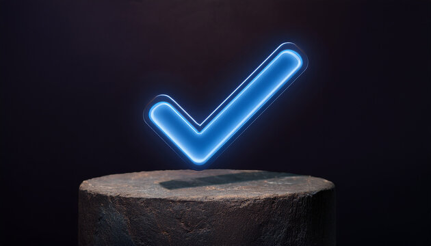 Blue check mark icon on round stone pedestal. Symbol of approval. 3D rendering, modern design.