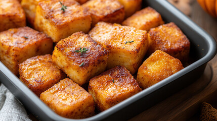 Wall Mural - Baked pumpkin pieces in a pan captured from above, showcasing a golden and crispy texture