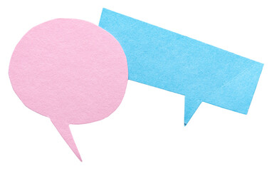 Poster - Two pink blue blank cut out paper speech bubbles with rough edges and copy space for text on transparent png background conversation discussion design element