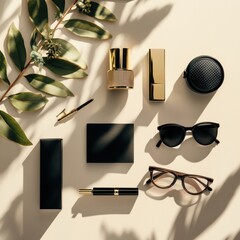 Poster - Luxury accessories arranged elegantly with stylish sunglasses and fragrance on a soft surface during daylight. Generative AI