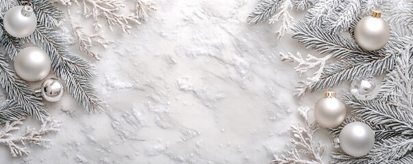 Poster - Christmas banner with snowy fir branches and silver ornaments on a white marble background