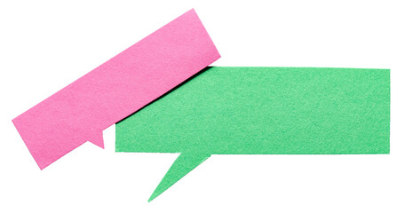 Poster - Two green pink blank cut out paper speech bubbles with rough edges and copy space for text on transparent png background conversation discussion design element