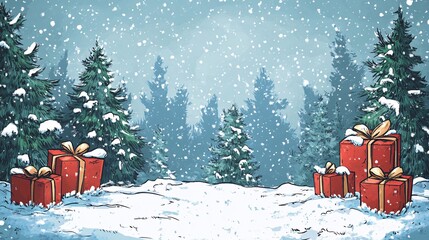 Aufkleber - Snow falling on red christmas gift boxes in a forest