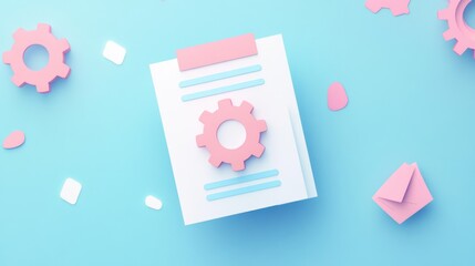 Poster - Pastel paper gears document on light blue background