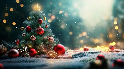 Aufkleber - Christmas tree standing in snow with ornaments and sparkling lights