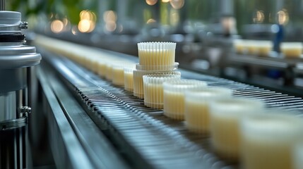 Poster - assembly line of small containers filled with a creamy substance in a bright factory setting