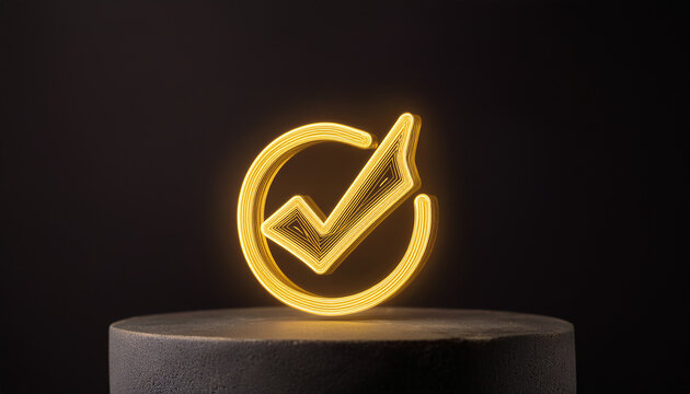 Yellow check mark icon on round stone pedestal. Symbol of approval. 3D rendering, modern design.