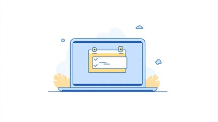 Fototapete - Laptop displaying a calendar; digital schedule; work from home; online planning; productivity; simple graphic