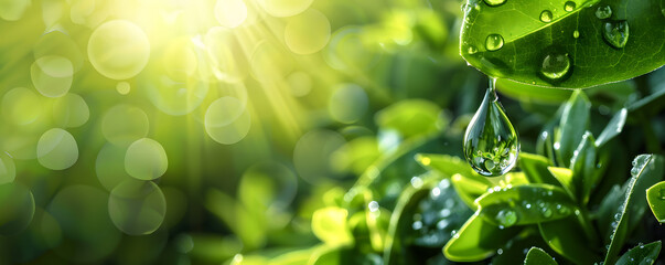 Poster - Fresh dewdrop on green leaf with morning sunlight