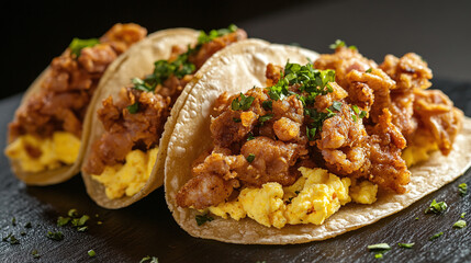 Wall Mural - Tacos de Chicharron con Huevo - Tacos filled with crispy pork skin and scrambled eggs, breakfast perfection.