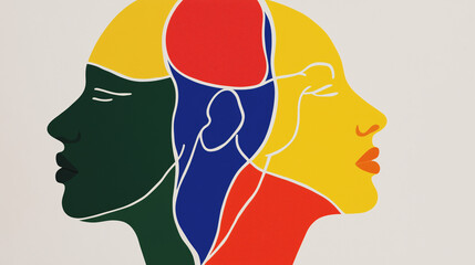 Poster - Multifaceted Human Mind: An artistic, graphic representation of the human mind, depicted through overlapping, multi-colored profiles, symbolizing the complex nature of thought, emotion, and identity.