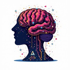 Poster - A vivid illustration features a human profile with a brain full of bright colors and geometric patterns. The artwork symbolizes creativity and the power of ideas flowing from the mind.