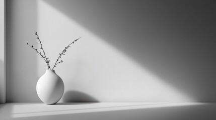 Poster - Minimalist decoration in a bright room with white vase and delicate branches during the afternoon light. Generative AI