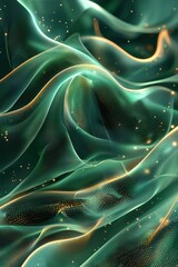 Poster - Abstract glowing green waves with golden particles in fluid motion