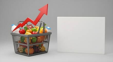 A shopping basket filled with colorful fruits and vegetables, accompanied by an upward arrow, suggesting growth or increase in market trends.