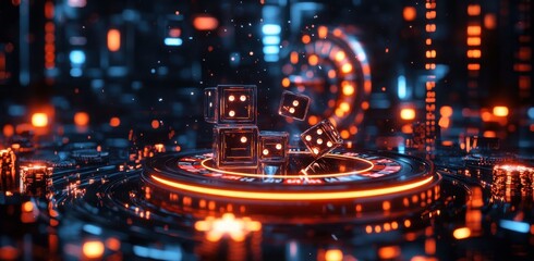 Poster - Futuristic glowing digital casino with dice highlighting a vivid neon aesthetic
