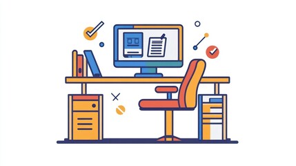 Poster - Colorful office desk with computer, documents, and chair